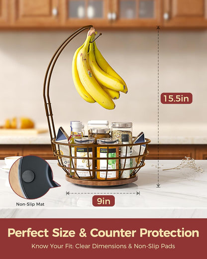 360° Rotating Fruit Bowl for Kitchen Counter with Banana Holder, Silvery