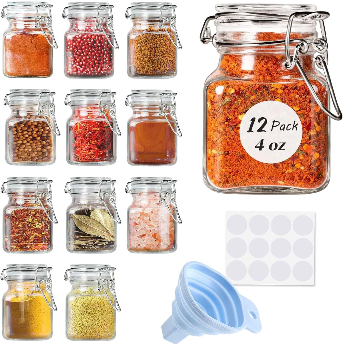 Spice Jars, 4oz Small Glass Jars Spice Jars Herb Jars | Spice Herb Jars with Airtight Hinged Lids, 4oz Glass Jar with Labels Silicone Funnel Ideal for Spice Herbs Art Craft Storage
