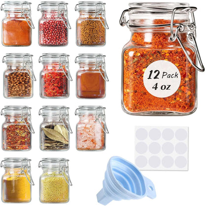 Spice Jars, 4oz Small Glass Jars Spice Jars Herb Jars | Spice Herb Jars with Airtight Hinged Lids, 4oz Glass Jar with Labels Silicone Funnel Ideal for Spice Herbs Art Craft Storage