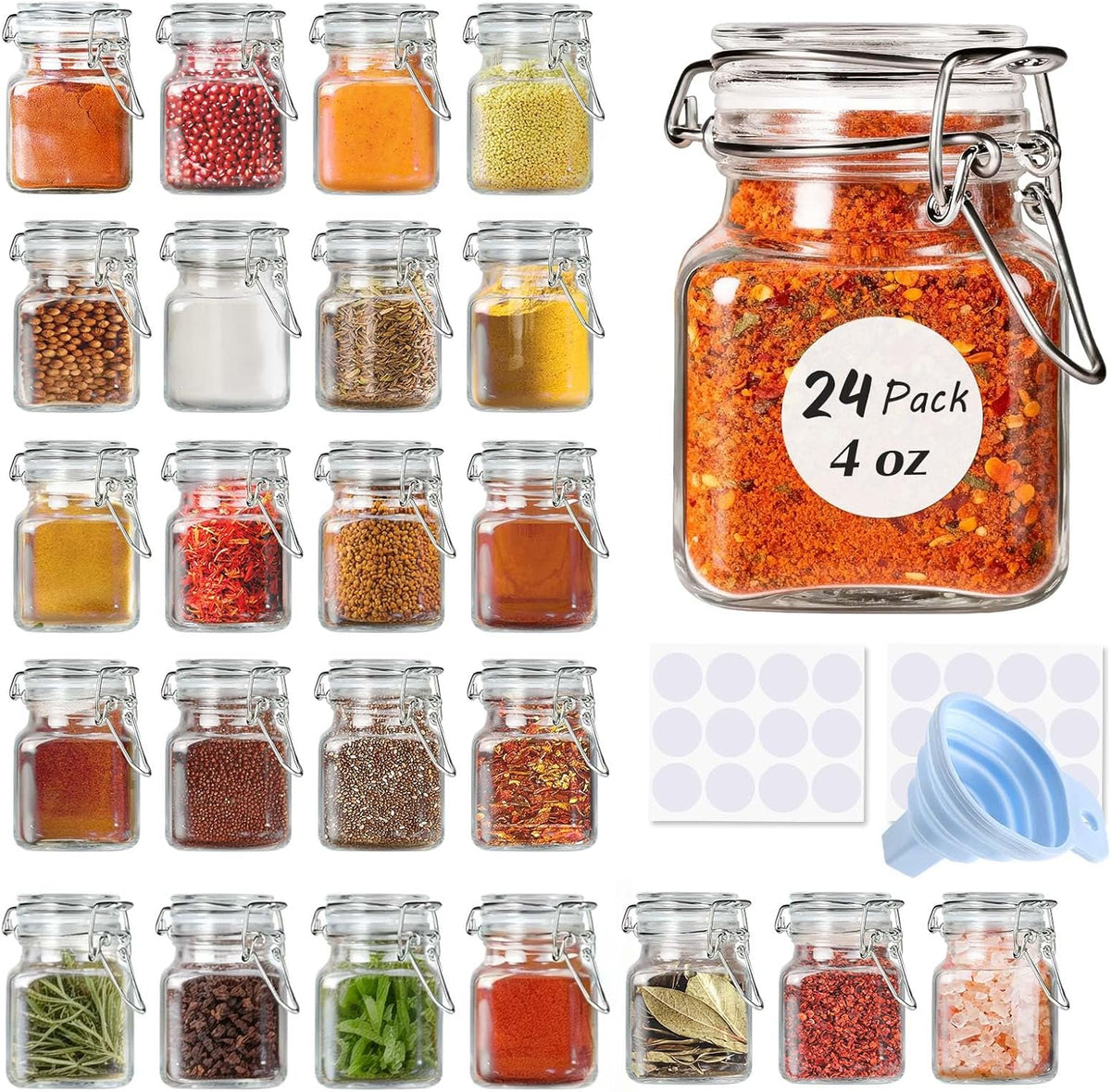 Spice Jars, 4oz Small Glass Jars Spice Jars Herb Jars | Spice Herb Jars with Airtight Hinged Lids, 4oz Glass Jar with Labels Silicone Funnel Ideal for Spice Herbs Art Craft Storage