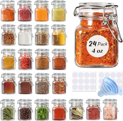 Spice Jars, 4oz Small Glass Jars Spice Jars Herb Jars | Spice Herb Jars with Airtight Hinged Lids, 4oz Glass Jar with Labels Silicone Funnel Ideal for Spice Herbs Art Craft Storage