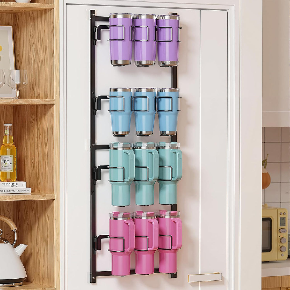 Water Bottle Tumbler Cup Organizer Storage Holder Rack | Upgrade Bottom Support Design for 10 to 40 oz Cup, Wall/Door Mounted, Compatible with Stanley and Other Brands