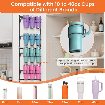 Water Bottle Tumbler Cup Organizer Storage Holder Rack | Upgrade Bottom Support Design for 10 to 40 oz Cup, Wall/Door Mounted, Compatible with Stanley and Other Brands