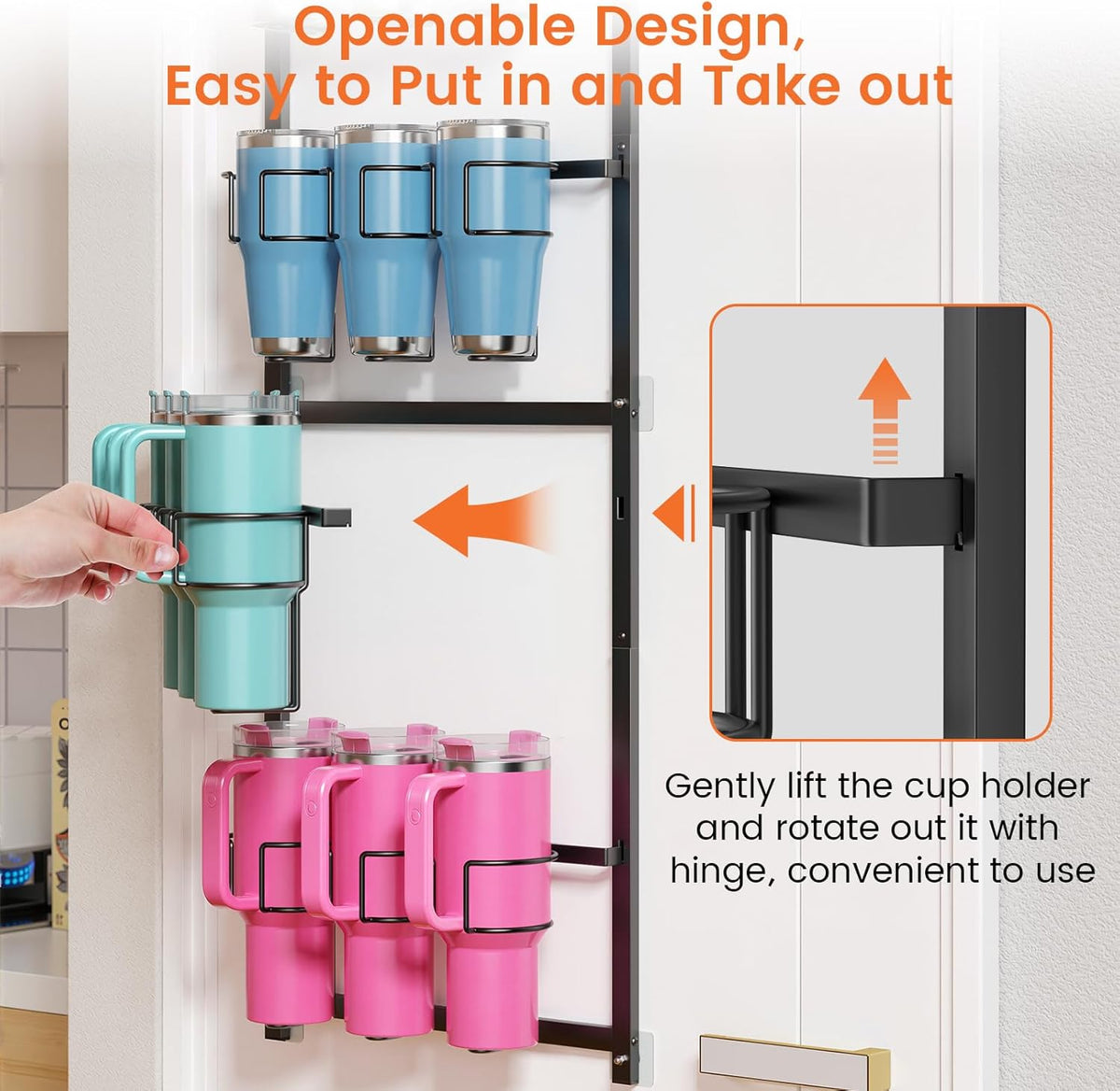 Water Bottle Tumbler Cup Organizer Storage Holder Rack | Upgrade Bottom Support Design for 10 to 40 oz Cup, Wall/Door Mounted, Compatible with Stanley and Other Brands