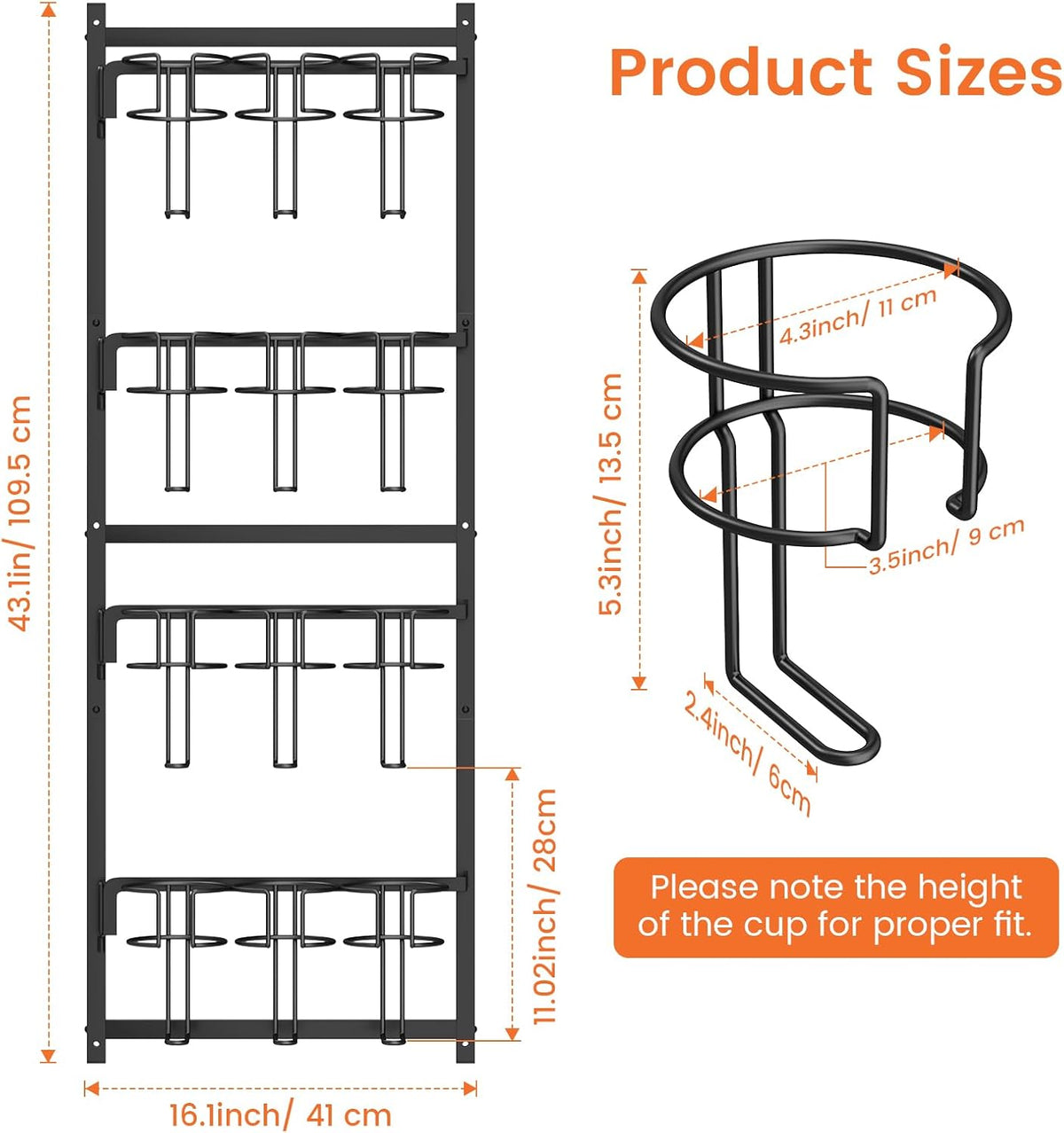 Water Bottle Tumbler Cup Organizer Storage Holder Rack | Upgrade Bottom Support Design for 10 to 40 oz Cup, Wall/Door Mounted, Compatible with Stanley and Other Brands