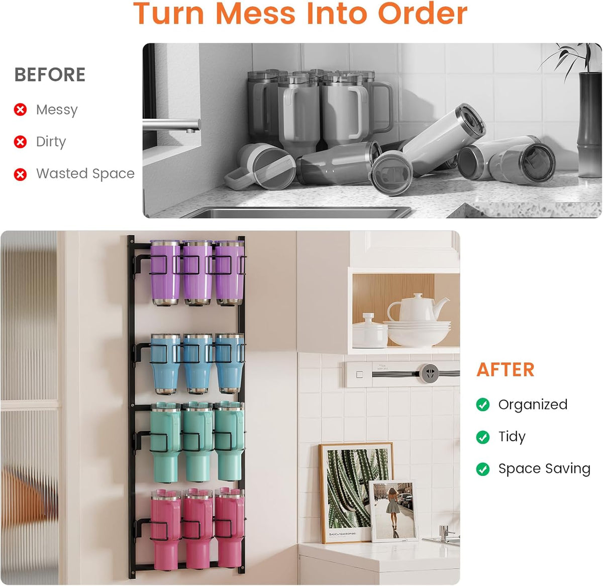 Water Bottle Tumbler Cup Organizer Storage Holder Rack | Upgrade Bottom Support Design for 10 to 40 oz Cup, Wall/Door Mounted, Compatible with Stanley and Other Brands