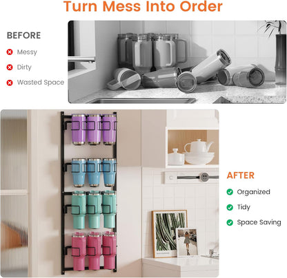 Water Bottle Tumbler Cup Organizer Storage Holder Rack | Upgrade Bottom Support Design for 10 to 40 oz Cup, Wall/Door Mounted, Compatible with Stanley and Other Brands
