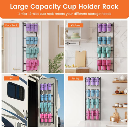 Water Bottle Tumbler Cup Organizer Storage Holder Rack | Upgrade Bottom Support Design for 10 to 40 oz Cup, Wall/Door Mounted, Compatible with Stanley and Other Brands