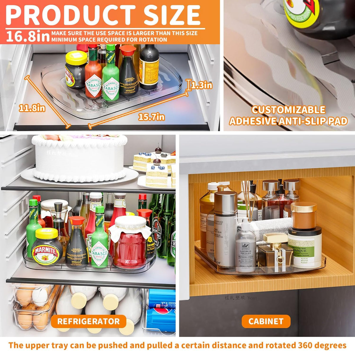 Clear Refrigerator Lazy Susan Turntable,11.9''x10.2'',Square Fridge Turntable Organizer,Large Rotating Fridge Tray for Kitchen,Countertop,Pantry,Cabinet,Jars and Condiment Organizer,Pack of 1