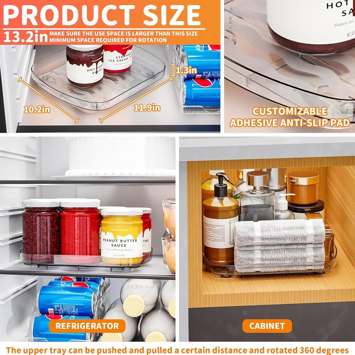 Clear Refrigerator Lazy Susan Turntable,11.9''x10.2'',Square Fridge Turntable Organizer,Large Rotating Fridge Tray for Kitchen,Countertop,Pantry,Cabinet,Jars and Condiment Organizer,Pack of 1