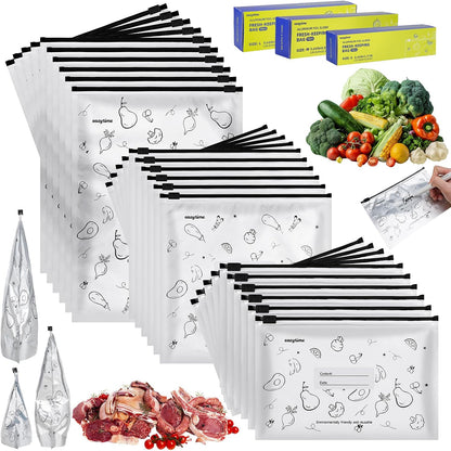 30 Pcs Reusable Aluminum Freezer Bags, Water Proof & Leak Proof Zipper Sealable Bags for Food Storage, Stand Up Foil Freezer Bags with Label & Zip Lock for Vegetable Fruit Meat（S+M+L）