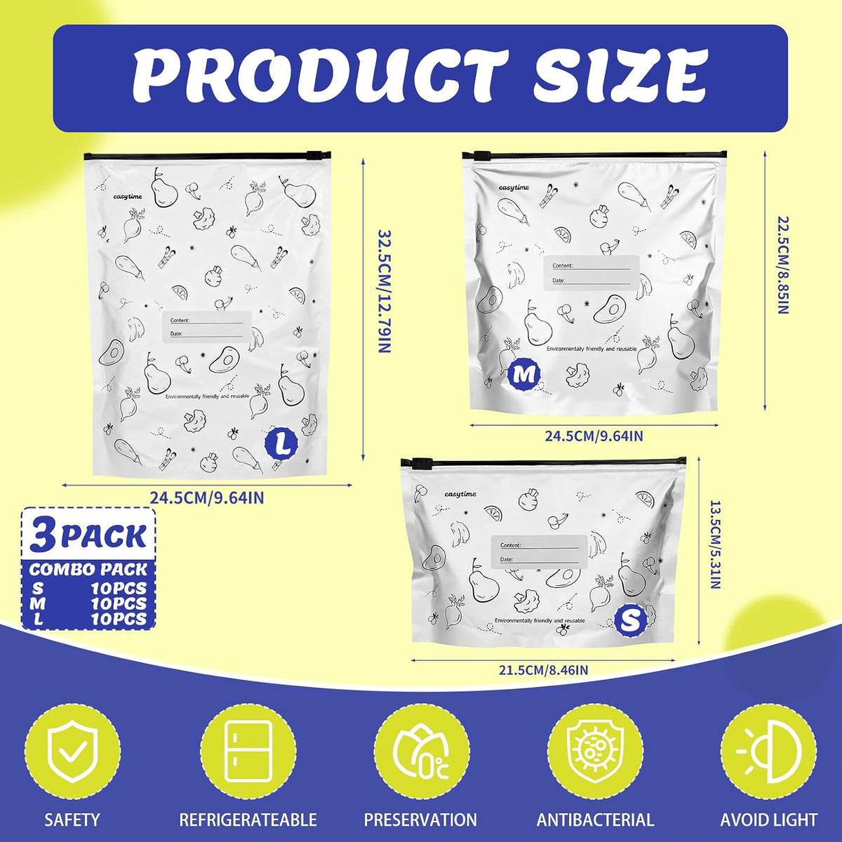 30 Pcs Reusable Aluminum Freezer Bags, Water Proof & Leak Proof Zipper Sealable Bags for Food Storage, Stand Up Foil Freezer Bags with Label & Zip Lock for Vegetable Fruit Meat（S+M+L）