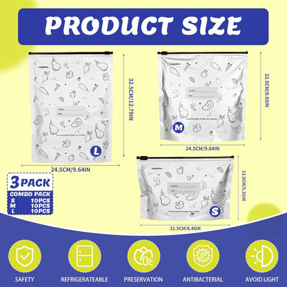 30 Pcs Reusable Aluminum Freezer Bags, Water Proof & Leak Proof Zipper Sealable Bags for Food Storage, Stand Up Foil Freezer Bags with Label & Zip Lock for Vegetable Fruit Meat（S+M+L）
