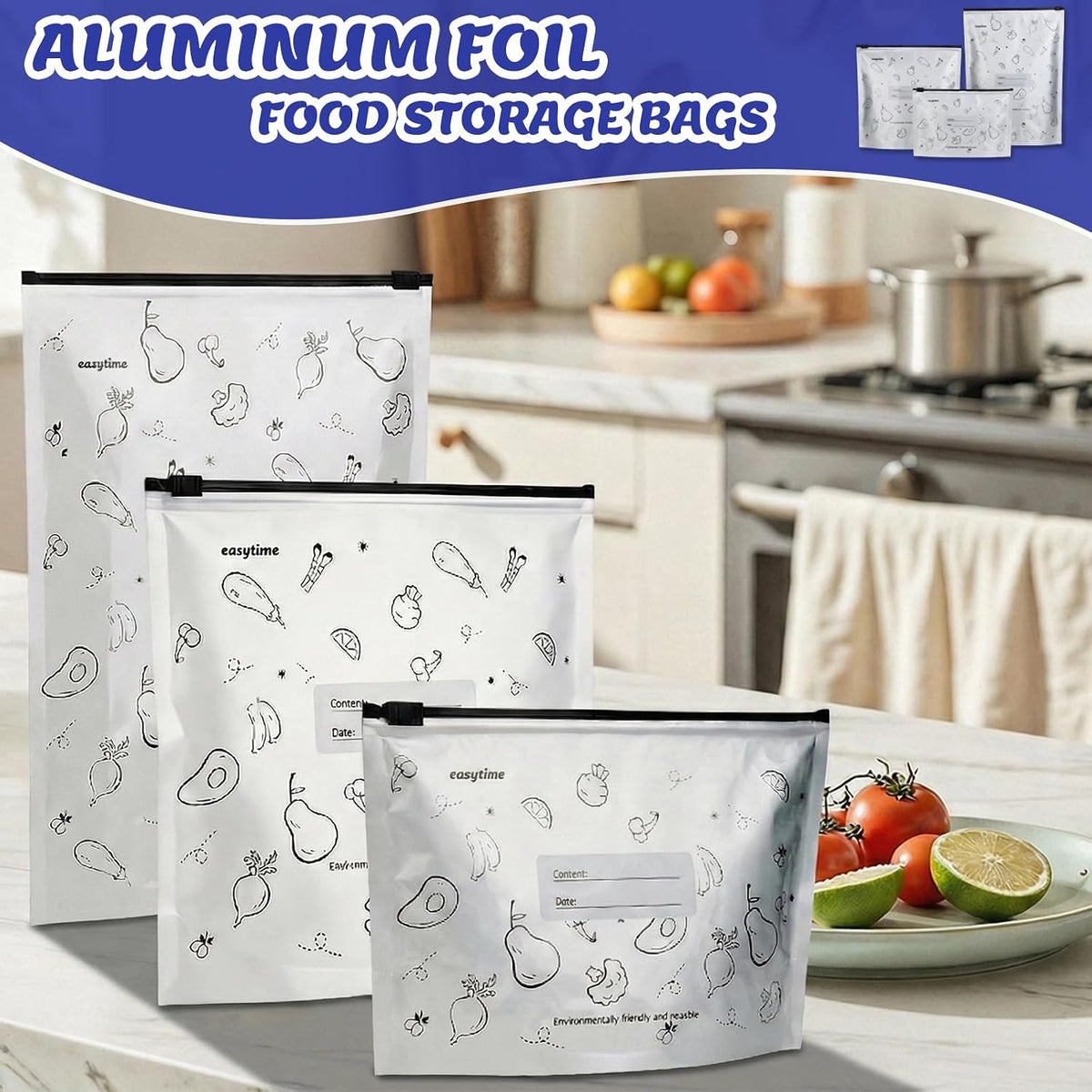 30 Pcs Reusable Aluminum Freezer Bags, Water Proof & Leak Proof Zipper Sealable Bags for Food Storage, Stand Up Foil Freezer Bags with Label & Zip Lock for Vegetable Fruit Meat（S+M+L）
