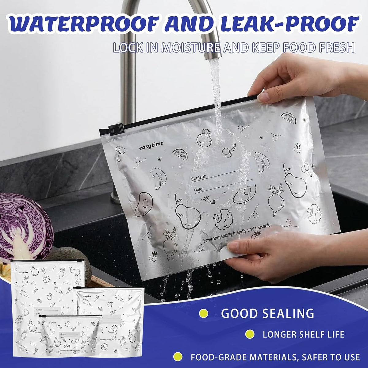 30 Pcs Reusable Aluminum Freezer Bags, Water Proof & Leak Proof Zipper Sealable Bags for Food Storage, Stand Up Foil Freezer Bags with Label & Zip Lock for Vegetable Fruit Meat（S+M+L）