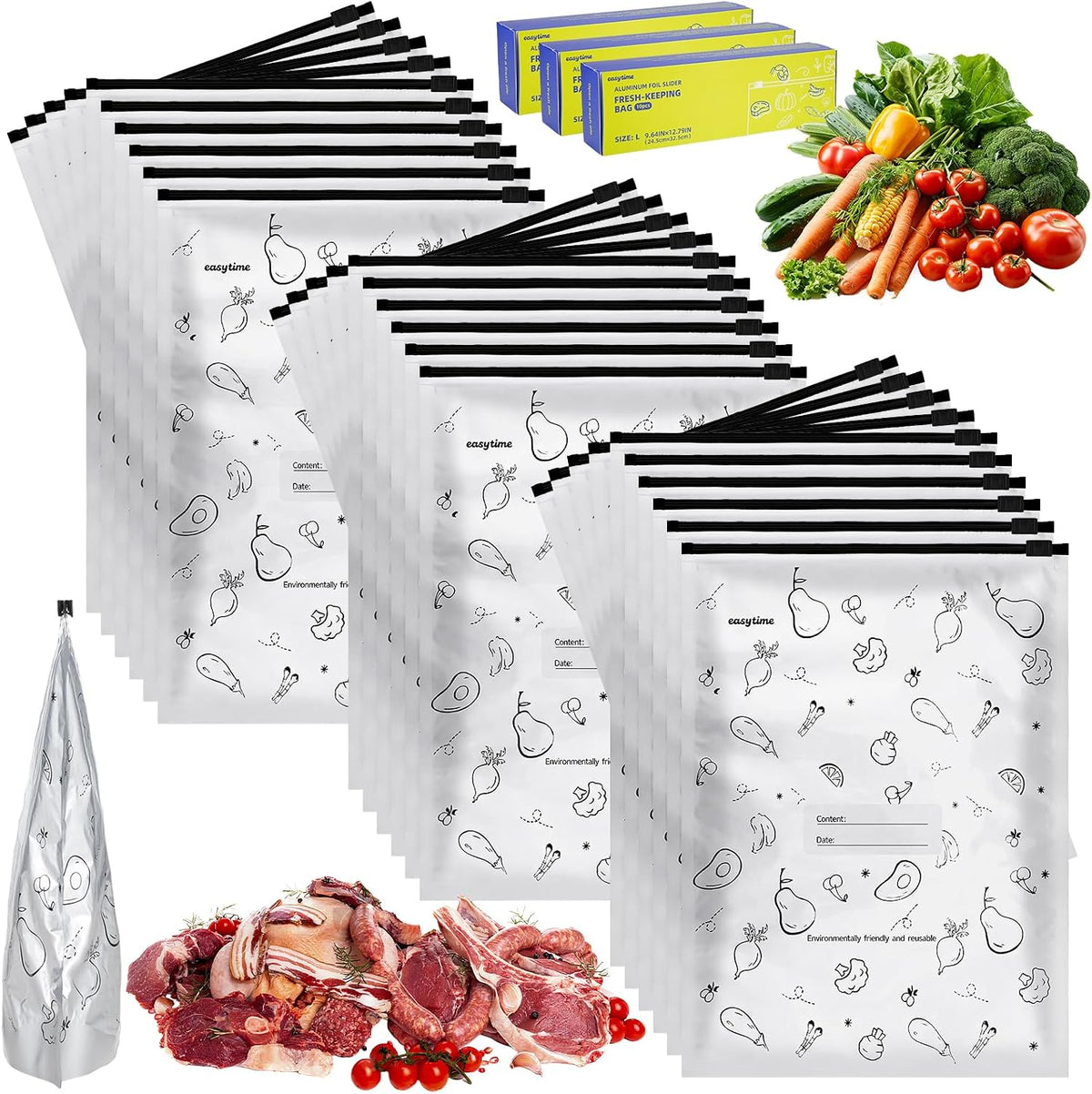 30 Pcs Reusable Aluminum Freezer Bags, Water Proof & Leak Proof Zipper Sealable Bags for Food Storage, Stand Up Foil Freezer Bags with Label & Zip Lock for Vegetable Fruit Meat（S+M+L）