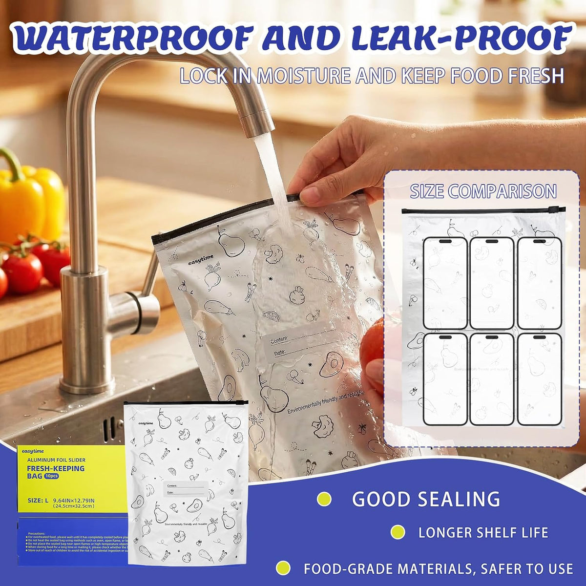 30 Pcs Reusable Aluminum Freezer Bags, Water Proof & Leak Proof Zipper Sealable Bags for Food Storage, Stand Up Foil Freezer Bags with Label & Zip Lock for Vegetable Fruit Meat（S+M+L）