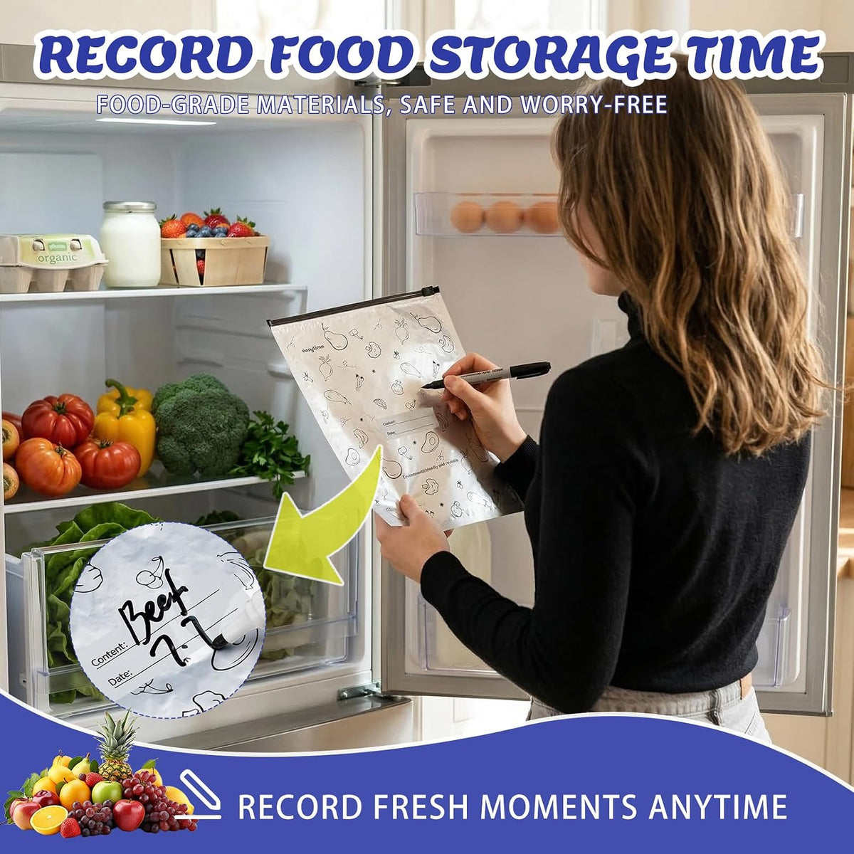 30 Pcs Reusable Aluminum Freezer Bags, Water Proof & Leak Proof Zipper Sealable Bags for Food Storage, Stand Up Foil Freezer Bags with Label & Zip Lock for Vegetable Fruit Meat（S+M+L）