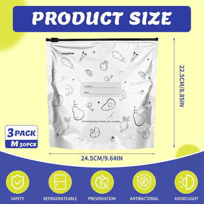 30 Pcs Reusable Aluminum Freezer Bags, Water Proof & Leak Proof Zipper Sealable Bags for Food Storage, Stand Up Foil Freezer Bags with Label & Zip Lock for Vegetable Fruit Meat（S+M+L）