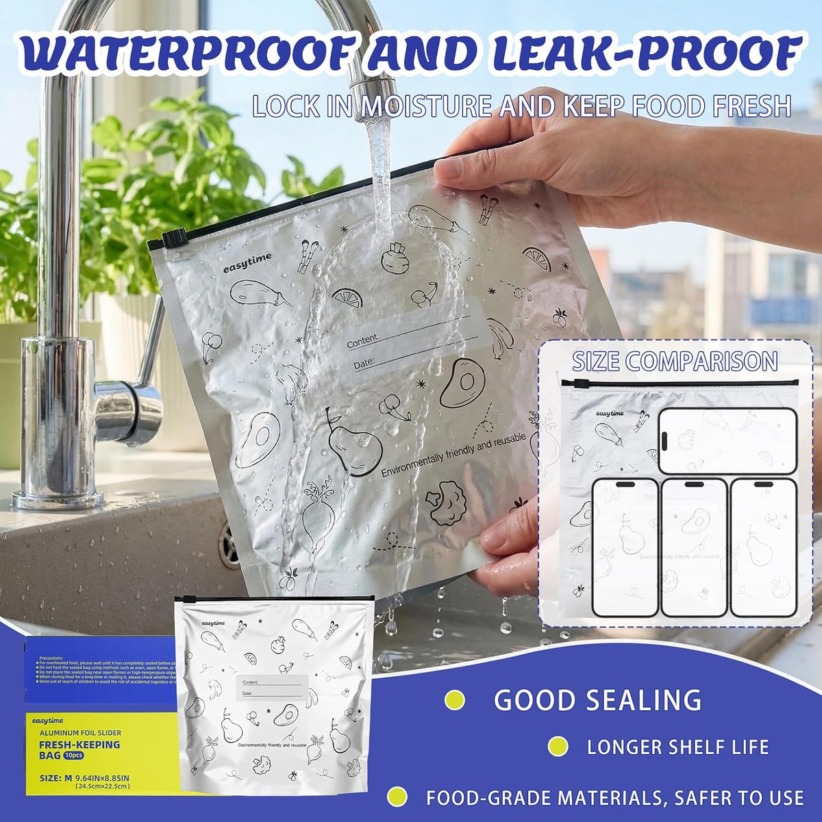 30 Pcs Reusable Aluminum Freezer Bags, Water Proof & Leak Proof Zipper Sealable Bags for Food Storage, Stand Up Foil Freezer Bags with Label & Zip Lock for Vegetable Fruit Meat（S+M+L）