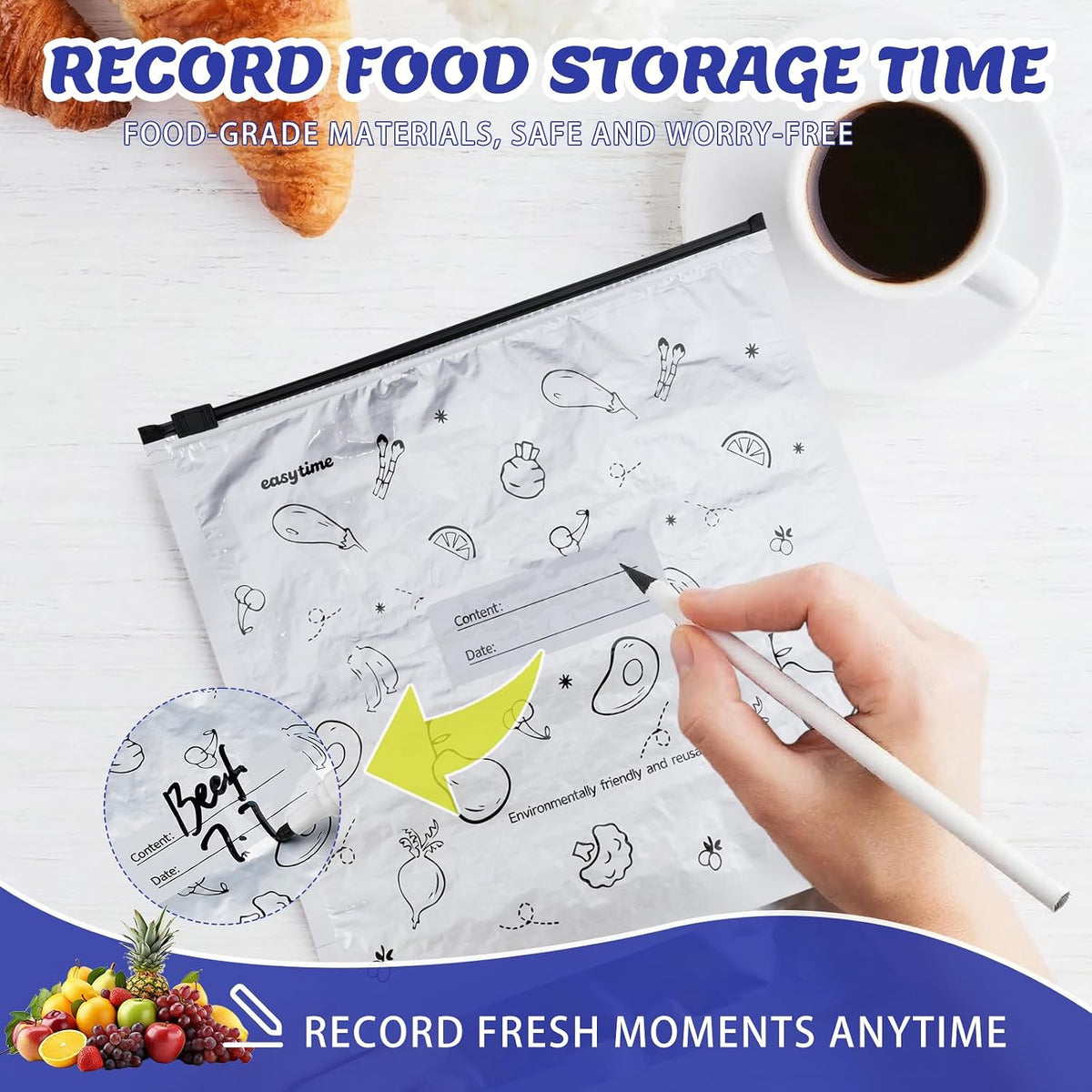 30 Pcs Reusable Aluminum Freezer Bags, Water Proof & Leak Proof Zipper Sealable Bags for Food Storage, Stand Up Foil Freezer Bags with Label & Zip Lock for Vegetable Fruit Meat（S+M+L）