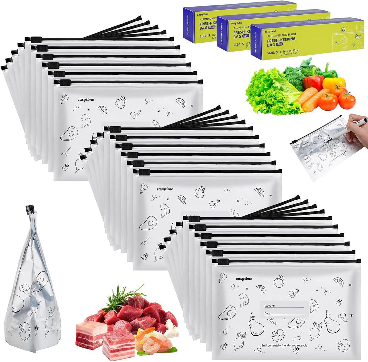 30 Pcs Reusable Aluminum Freezer Bags, Water Proof & Leak Proof Zipper Sealable Bags for Food Storage, Stand Up Foil Freezer Bags with Label & Zip Lock for Vegetable Fruit Meat（S+M+L）