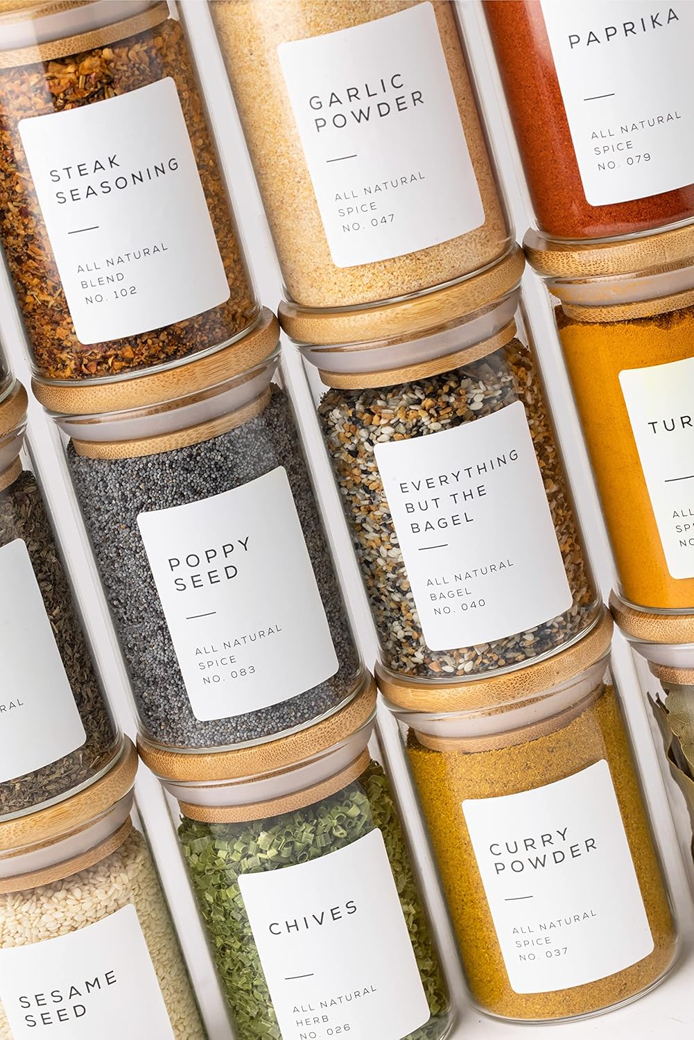 Glass Spice Jars with Label Pack (12x Bamboo Lid Glass Jar) Small 6oz Empty Spice Storage Bottles with 112 Printed Stickers and 48 Writable Pantry Labels for Seasoning Containers