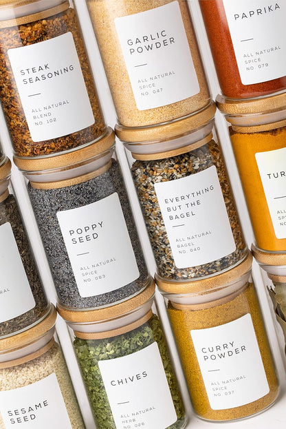 Glass Spice Jars with Label Pack (12x Bamboo Lid Glass Jar) Small 6oz Empty Spice Storage Bottles with 112 Printed Stickers and 48 Writable Pantry Labels for Seasoning Containers