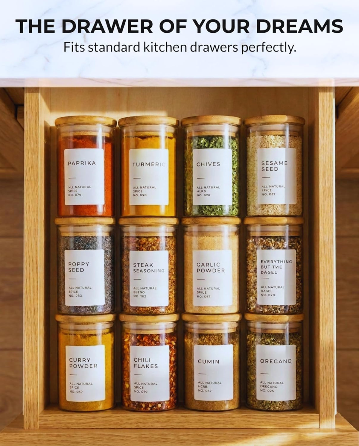Glass Spice Jars with Label Pack (12x Bamboo Lid Glass Jar) Small 6oz Empty Spice Storage Bottles with 112 Printed Stickers and 48 Writable Pantry Labels for Seasoning Containers