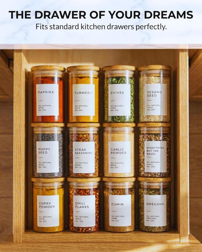 Glass Spice Jars with Label Pack (12x Bamboo Lid Glass Jar) Small 6oz Empty Spice Storage Bottles with 112 Printed Stickers and 48 Writable Pantry Labels for Seasoning Containers