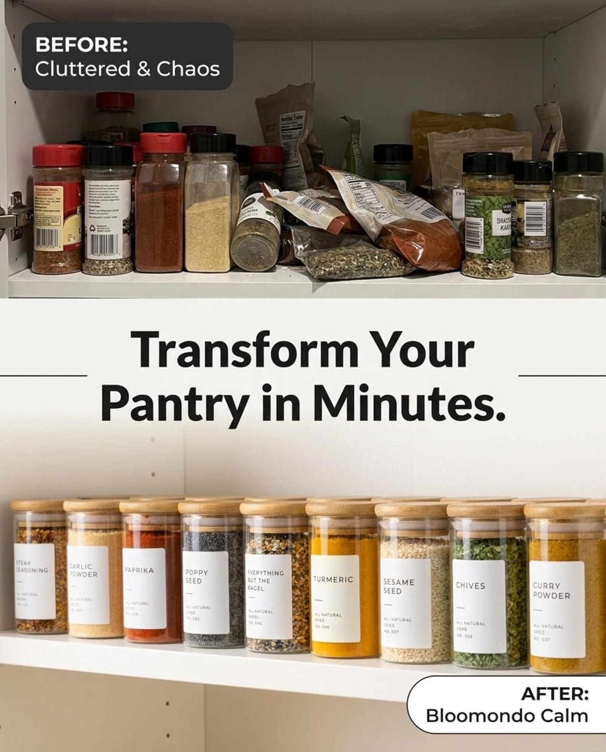 Glass Spice Jars with Label Pack (12x Bamboo Lid Glass Jar) Small 6oz Empty Spice Storage Bottles with 112 Printed Stickers and 48 Writable Pantry Labels for Seasoning Containers