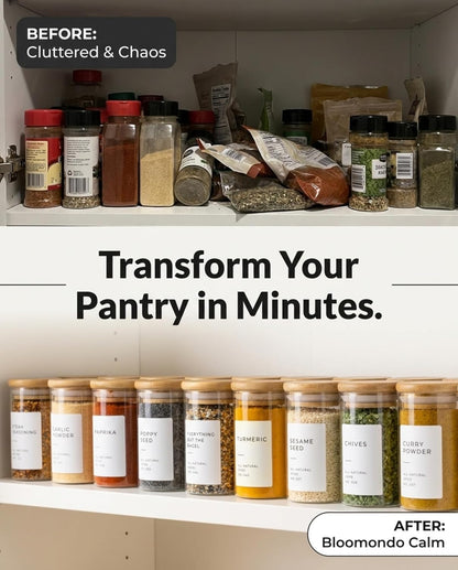 Glass Spice Jars with Label Pack (12x Bamboo Lid Glass Jar) Small 6oz Empty Spice Storage Bottles with 112 Printed Stickers and 48 Writable Pantry Labels for Seasoning Containers