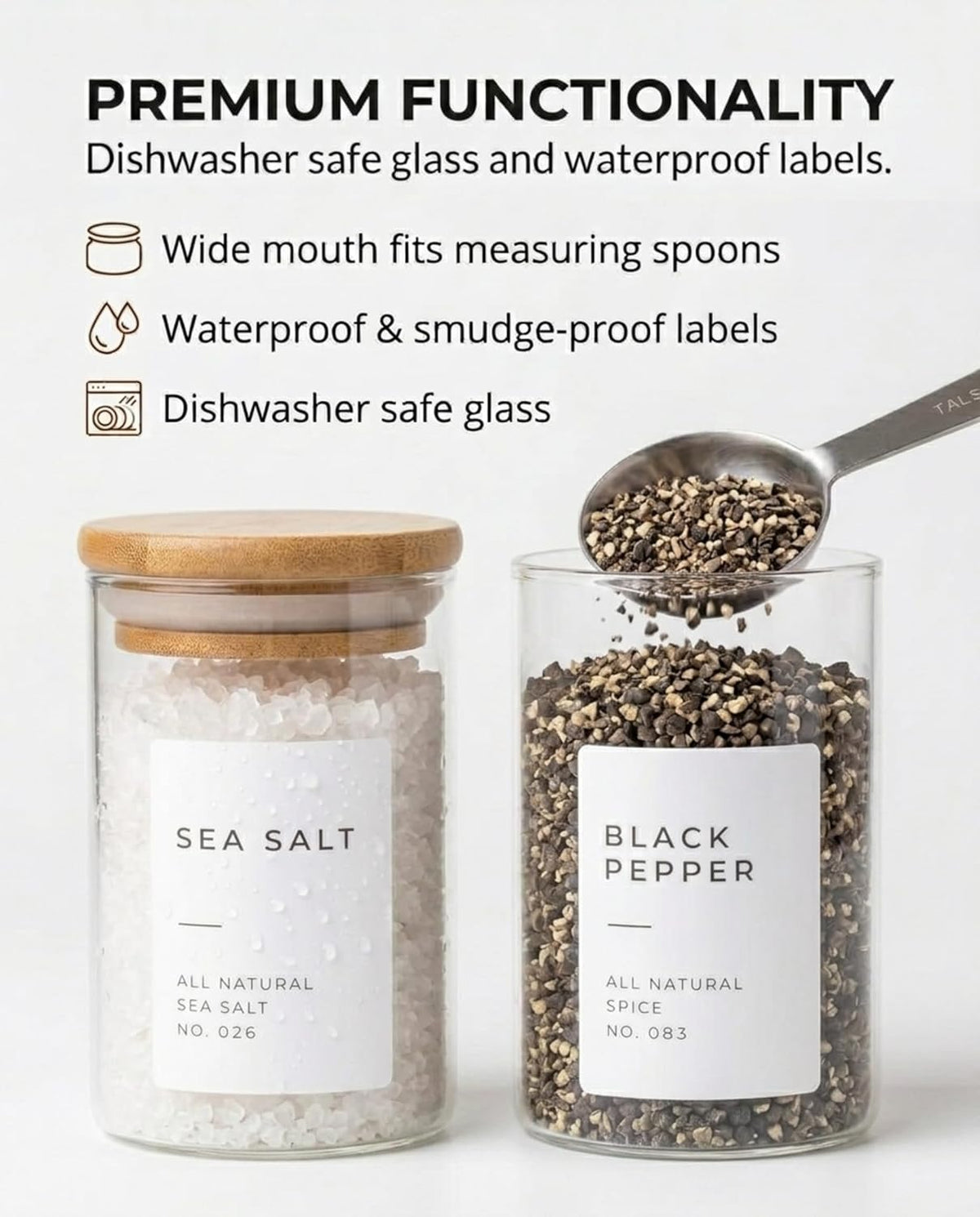 Glass Spice Jars with Label Pack (12x Bamboo Lid Glass Jar) Small 6oz Empty Spice Storage Bottles with 112 Printed Stickers and 48 Writable Pantry Labels for Seasoning Containers