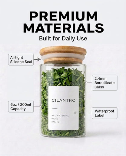 Glass Spice Jars with Label Pack (12x Bamboo Lid Glass Jar) Small 6oz Empty Spice Storage Bottles with 112 Printed Stickers and 48 Writable Pantry Labels for Seasoning Containers