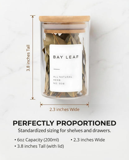 Glass Spice Jars with Label Pack (12x Bamboo Lid Glass Jar) Small 6oz Empty Spice Storage Bottles with 112 Printed Stickers and 48 Writable Pantry Labels for Seasoning Containers