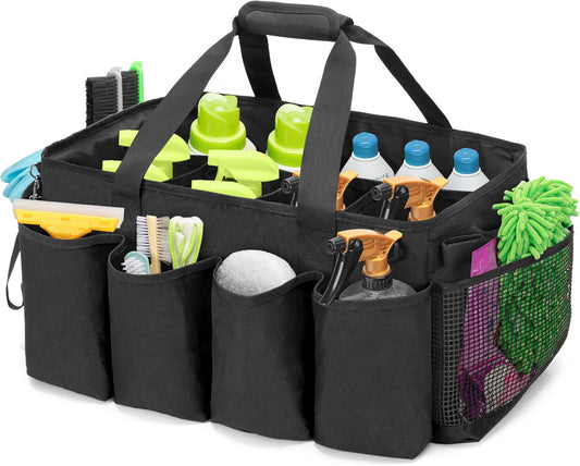 Extra-Large Cleaning Caddy with Handles & Multi Pockets | Large Capacity Tote Bag for Cleaning Tools & Products Storage, Cleaner Organizer for Car, Home & Housekeeping Work, Black