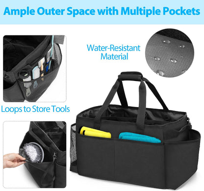 Extra-Large Cleaning Caddy with Handles & Multi Pockets | Large Capacity Tote Bag for Cleaning Tools & Products Storage, Cleaner Organizer for Car, Home & Housekeeping Work, Black