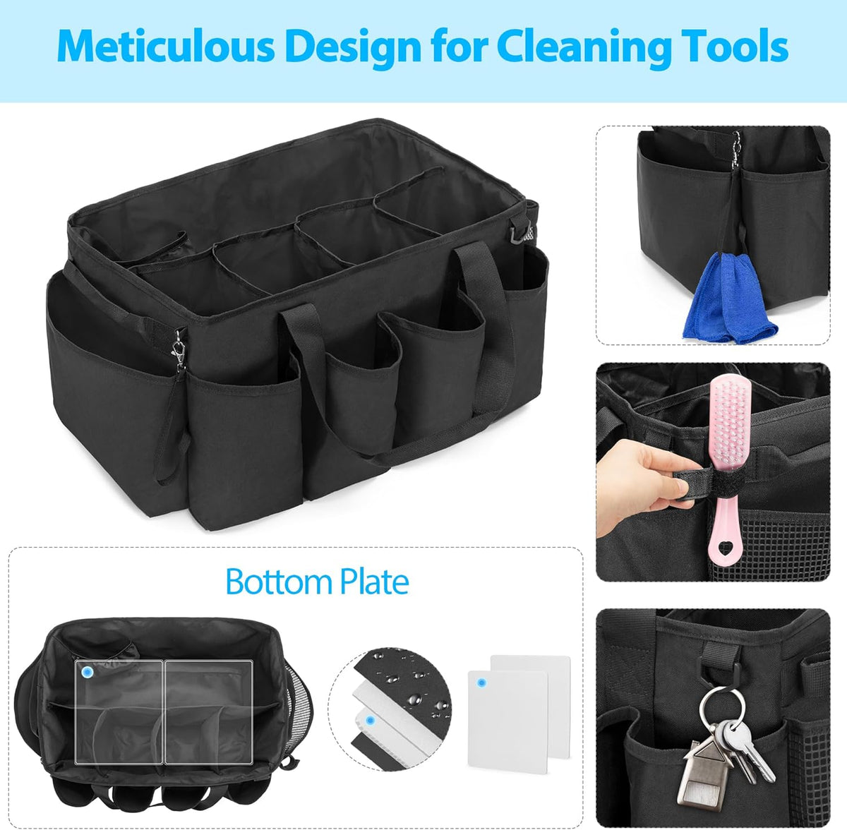 Extra-Large Cleaning Caddy with Handles & Multi Pockets | Large Capacity Tote Bag for Cleaning Tools & Products Storage, Cleaner Organizer for Car, Home & Housekeeping Work, Black