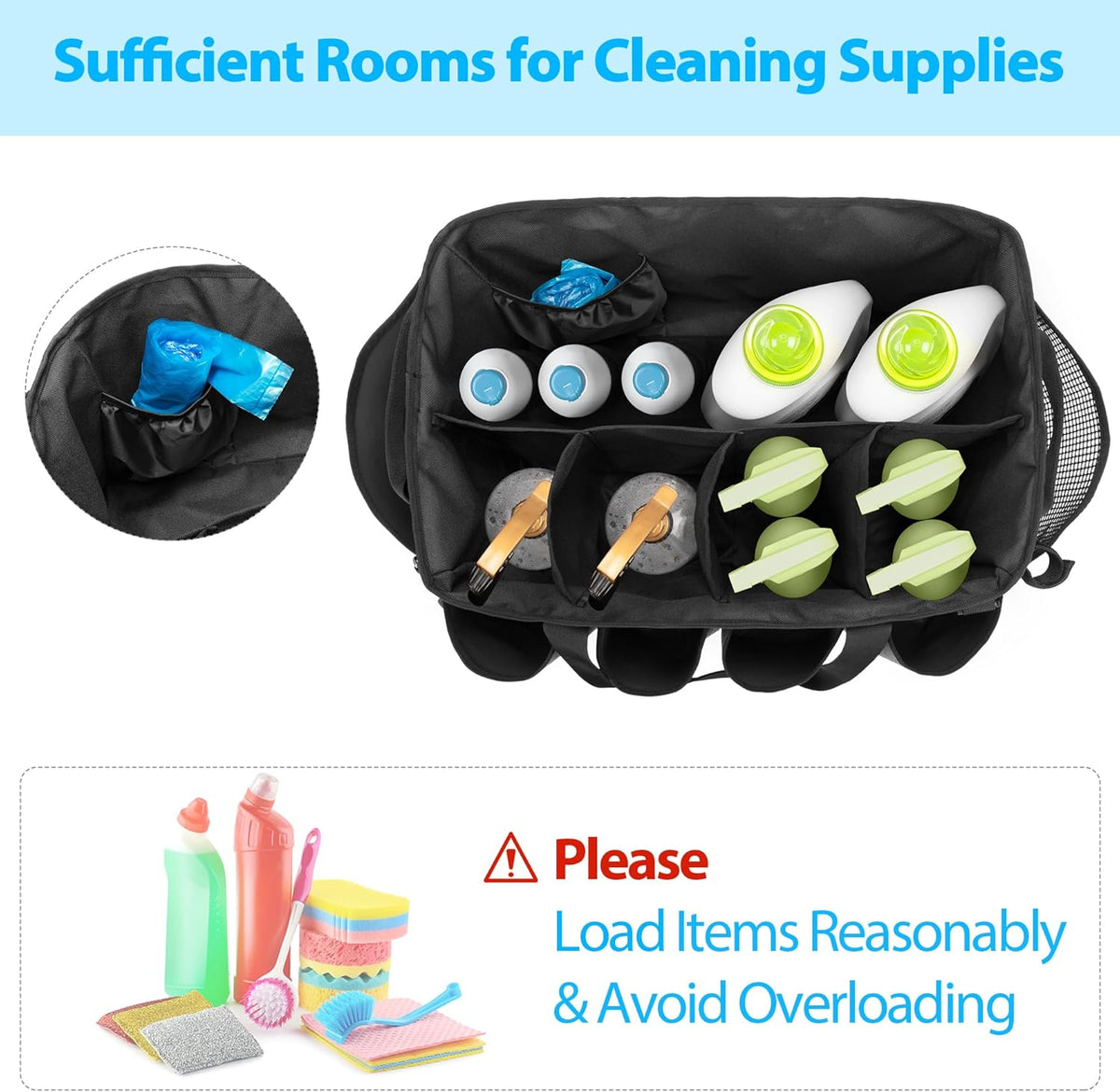 Extra-Large Cleaning Caddy with Handles & Multi Pockets | Large Capacity Tote Bag for Cleaning Tools & Products Storage, Cleaner Organizer for Car, Home & Housekeeping Work, Black