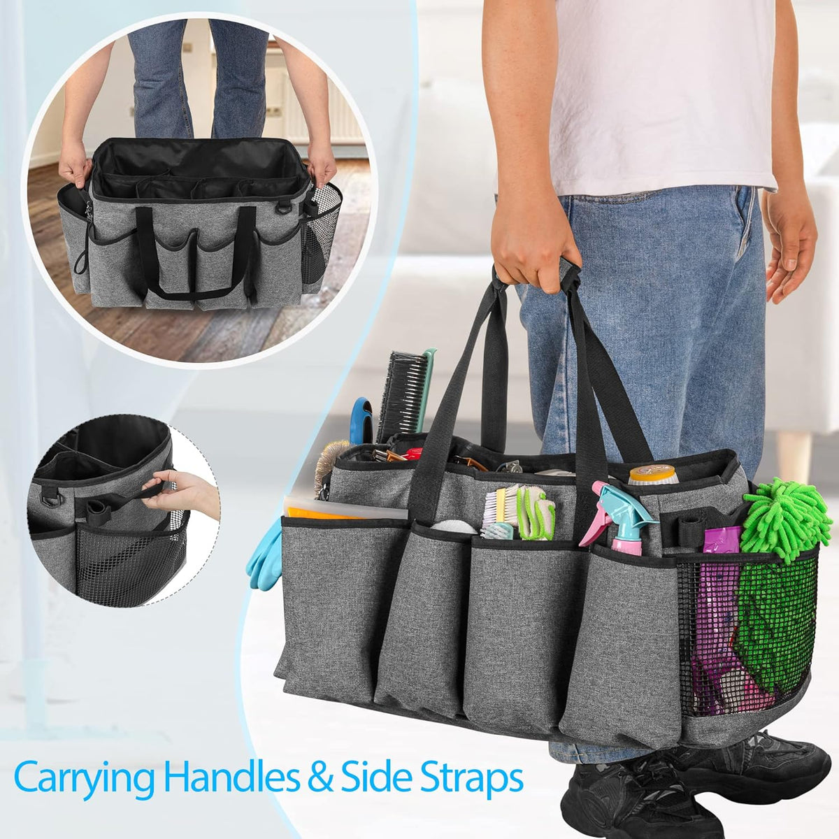 Extra-Large Cleaning Caddy with Handles & Multi Pockets | Large Capacity Tote Bag for Cleaning Tools & Products Storage, Cleaner Organizer for Car, Home & Housekeeping Work, Black