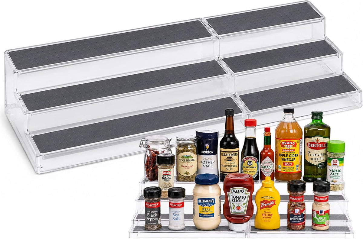 3-Tier Expandable Spice Rack Organizer for Cabinet, White/Grey | Expandable Plastic Spice Rack Organizer, Adjustable Length 3 Tiers, Non-Skid Shelf, Cabinet Pantry Countertop, White/Grey