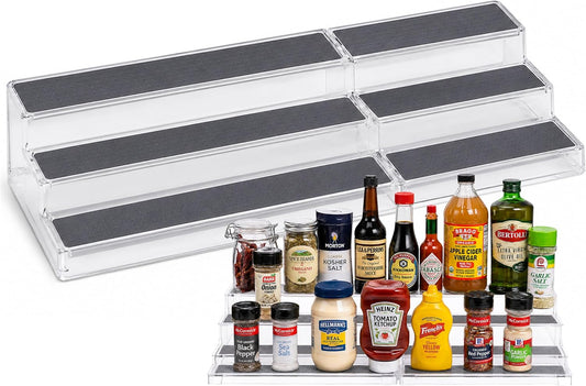 3-Tier Expandable Spice Rack Organizer for Cabinet, White/Grey | Expandable Plastic Spice Rack Organizer, Adjustable Length 3 Tiers, Non-Skid Shelf, Cabinet Pantry Countertop, White/Grey