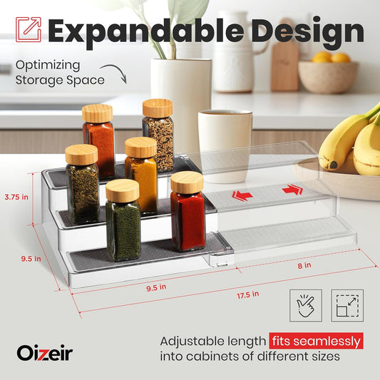 3-Tier Expandable Spice Rack Organizer for Cabinet, White/Grey | Expandable Plastic Spice Rack Organizer, Adjustable Length 3 Tiers, Non-Skid Shelf, Cabinet Pantry Countertop, White/Grey