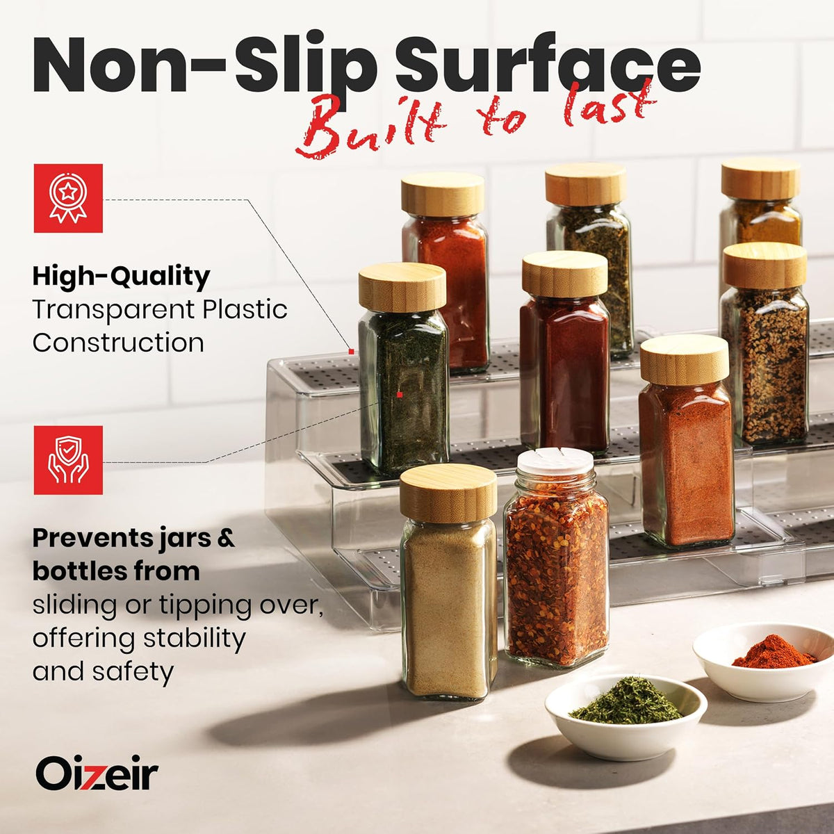 3-Tier Expandable Spice Rack Organizer for Cabinet, White/Grey | Expandable Plastic Spice Rack Organizer, Adjustable Length 3 Tiers, Non-Skid Shelf, Cabinet Pantry Countertop, White/Grey