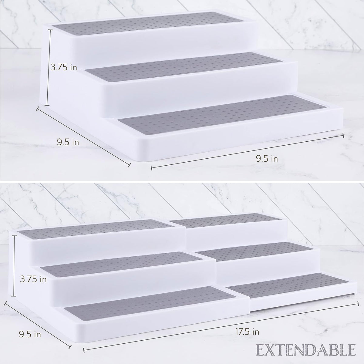 3-Tier Expandable Spice Rack Organizer for Cabinet, White/Grey | Expandable Plastic Spice Rack Organizer, Adjustable Length 3 Tiers, Non-Skid Shelf, Cabinet Pantry Countertop, White/Grey