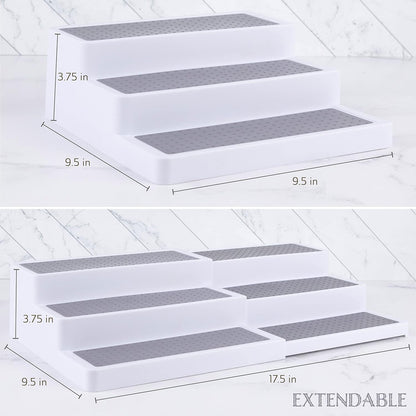 3-Tier Expandable Spice Rack Organizer for Cabinet, White/Grey | Expandable Plastic Spice Rack Organizer, Adjustable Length 3 Tiers, Non-Skid Shelf, Cabinet Pantry Countertop, White/Grey
