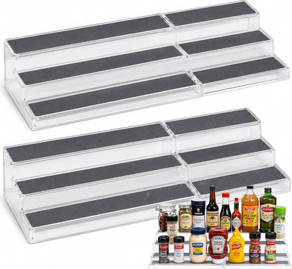 3-Tier Expandable Spice Rack Organizer for Cabinet, White/Grey | Expandable Plastic Spice Rack Organizer, Adjustable Length 3 Tiers, Non-Skid Shelf, Cabinet Pantry Countertop, White/Grey