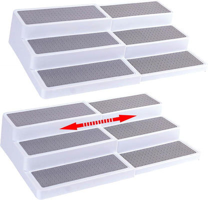 3-Tier Expandable Spice Rack Organizer for Cabinet, White/Grey | Expandable Plastic Spice Rack Organizer, Adjustable Length 3 Tiers, Non-Skid Shelf, Cabinet Pantry Countertop, White/Grey