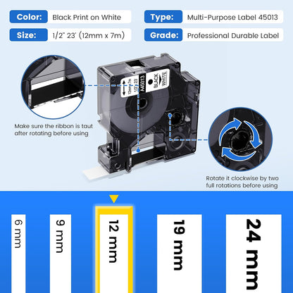 3-Pack Label Maker Tape Compatible with DYMO D1 Label Tape 45013 S0720530 Replace for D1 A45013 Refills, Black on White, 1/2 In x 23Ft, for Dymo LabelManager 160 420P 210D 280 360D PnP 220P 260P 500TS