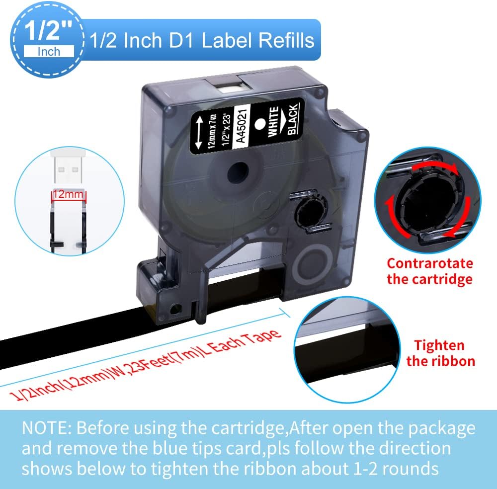 3-Pack Label Maker Tape Compatible with DYMO D1 Label Tape 45013 S0720530 Replace for D1 A45013 Refills, Black on White, 1/2 In x 23Ft, for Dymo LabelManager 160 420P 210D 280 360D PnP 220P 260P 500TS